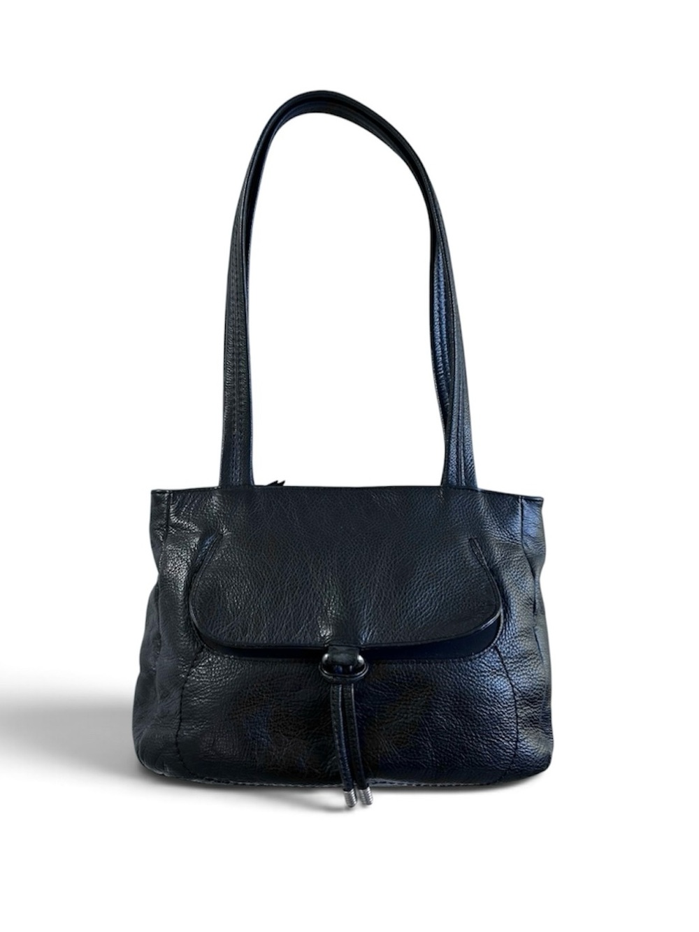 Vintage 90s Classic Black Leather Shoulder Bag with Front Flap
